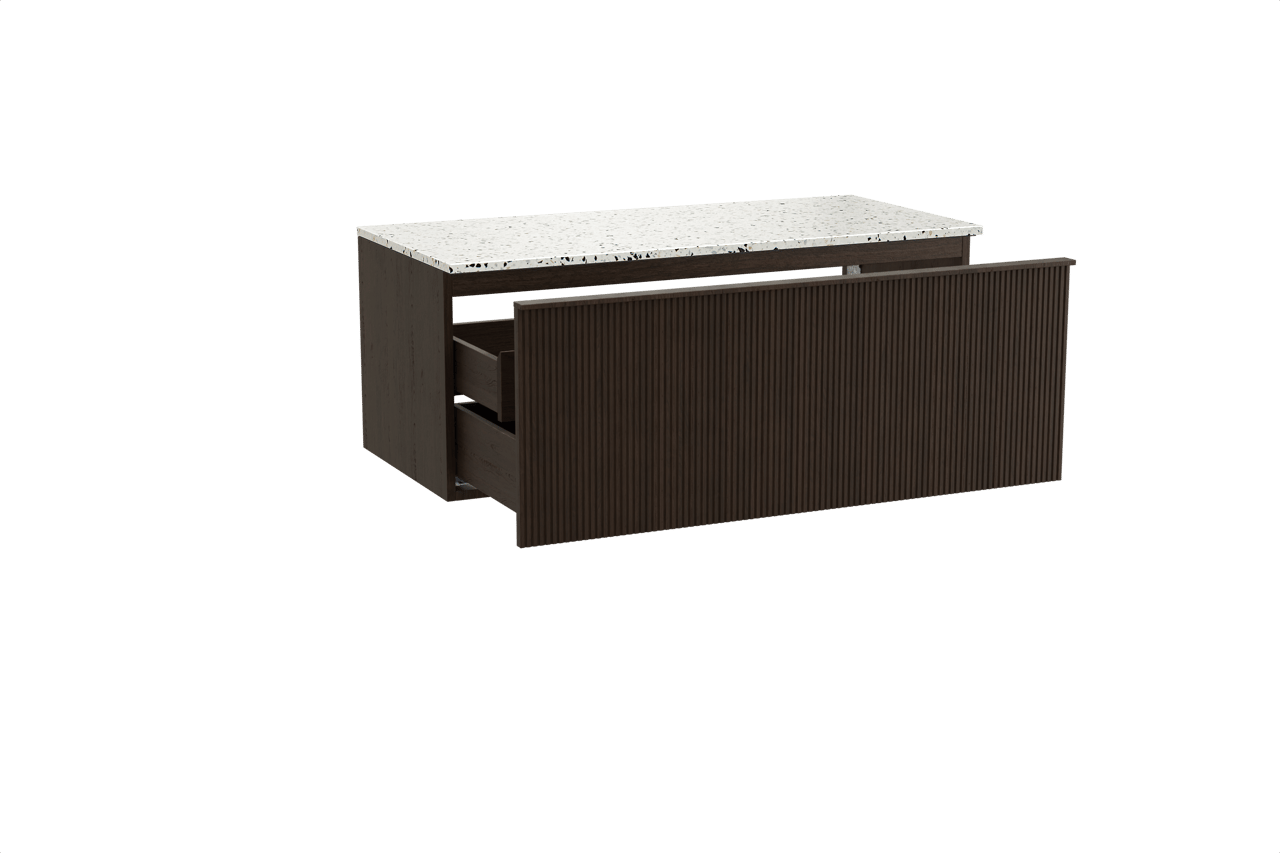 Balmani Forma meuble salle de bains suspendu 120 x 55 cm chêne fumé avec Stretto tablette simple ou double en blanc/noir mat terrazzo, Nervure droite symétrique verticale