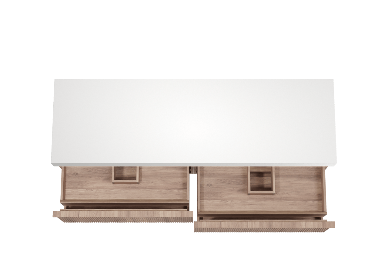 Balmani Forma zwevend badkamermeubel 180 x 55 cm teak met Dominus enkel of dubbel tablet in solid surface mat wit, Verticale symmetrische rechte ribbel