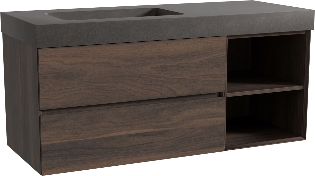 Storke Edge zwevend badkamermeubel 130 x 52 cm notelaar met Scuro High asymmetrisch linkse wastafel in kwarts mat zwart