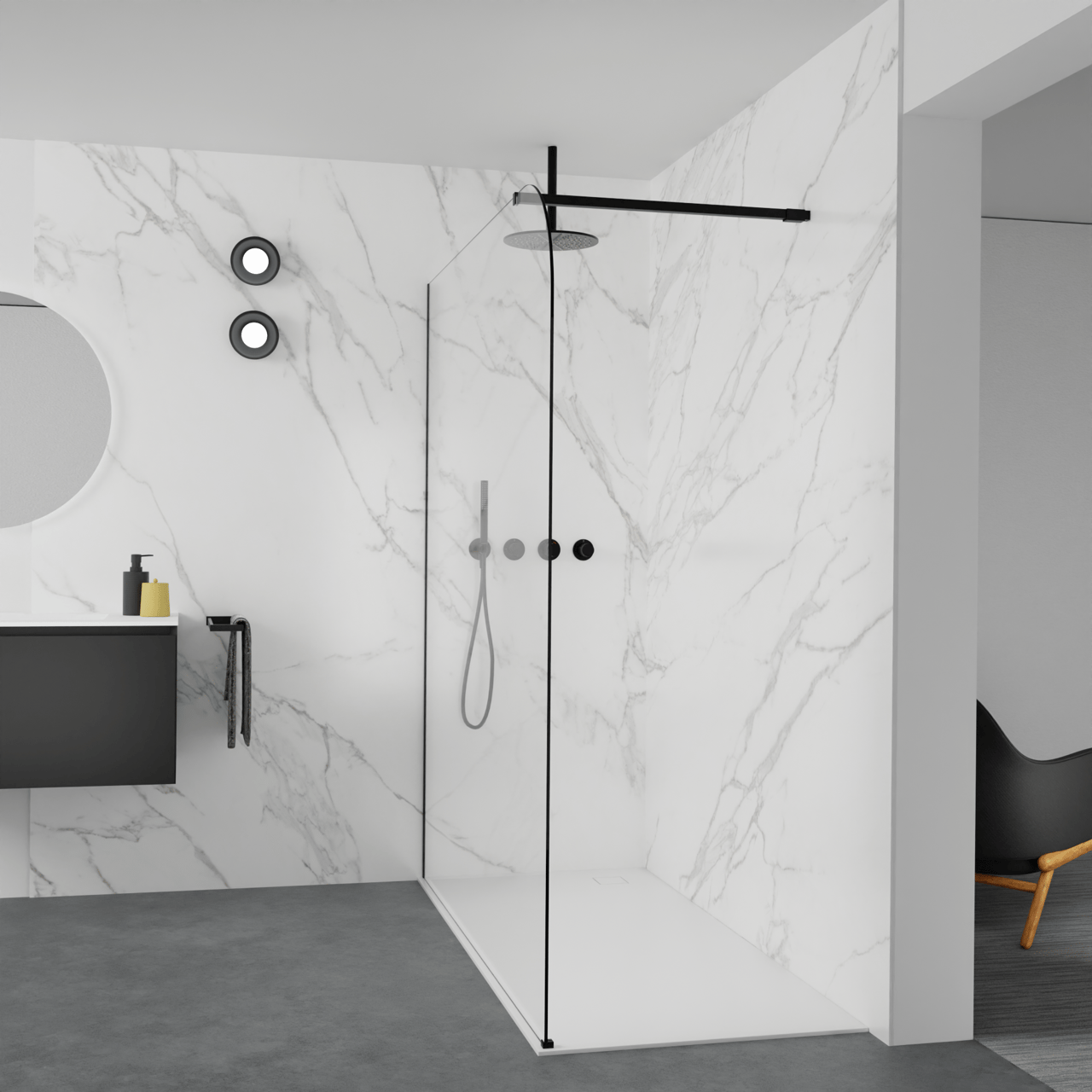 Balmani Modular inloopdouche: 180 x 200 cm, Helder glas afgerond met coating, Mat zwarte profielen