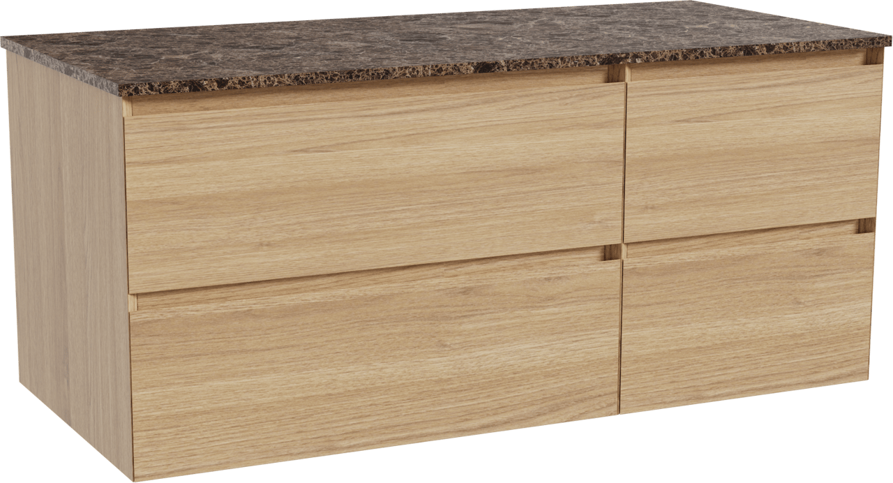 Balmani Mitra zwevend badkamermeubel 120 x 55 cm natuur eik met Stretto enkel of dubbel tablet in marmer dark emperador