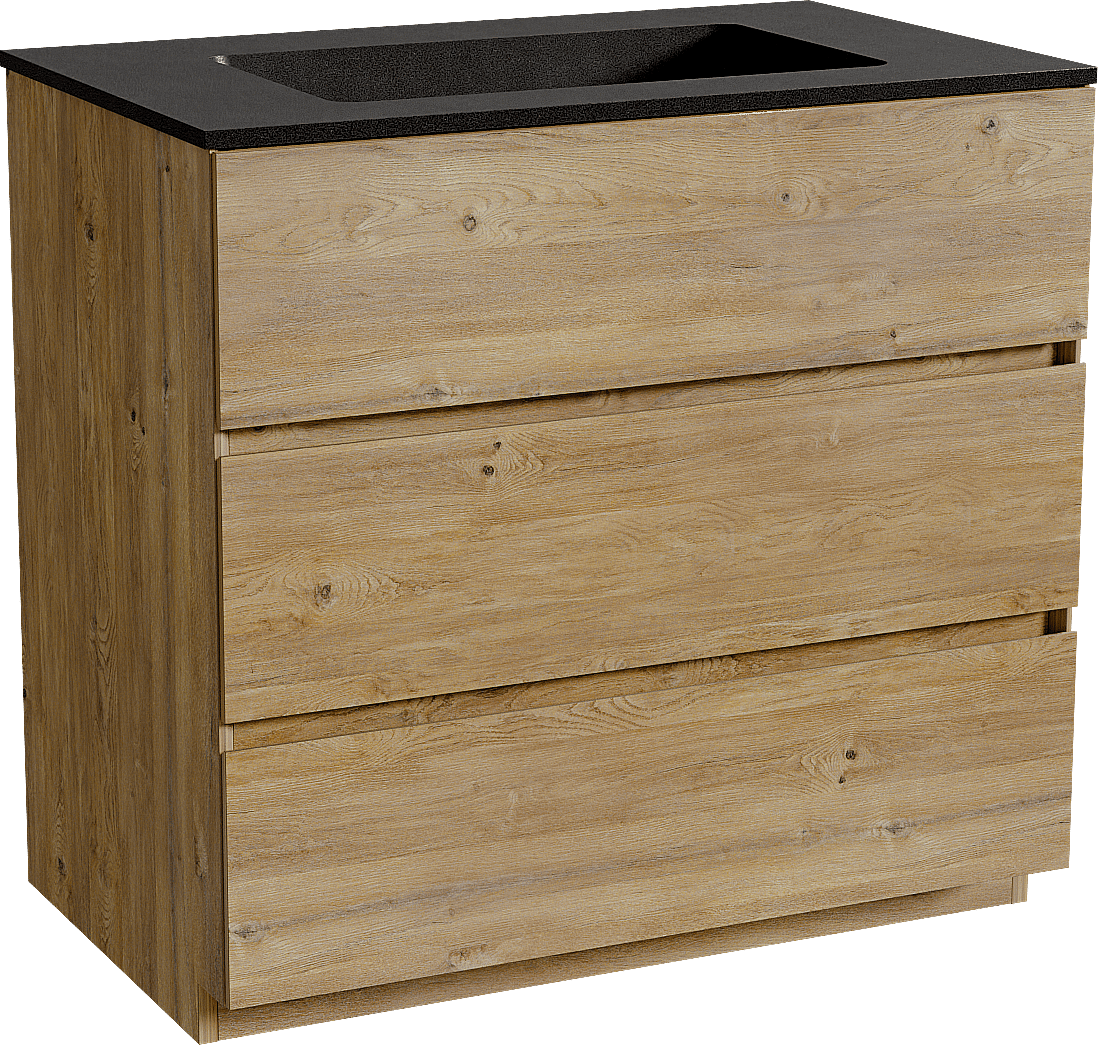 Storke Edge staand badmeubel 85 x 52 cm ruw eiken met Scuro enkele wastafel in kwarts mat zwart