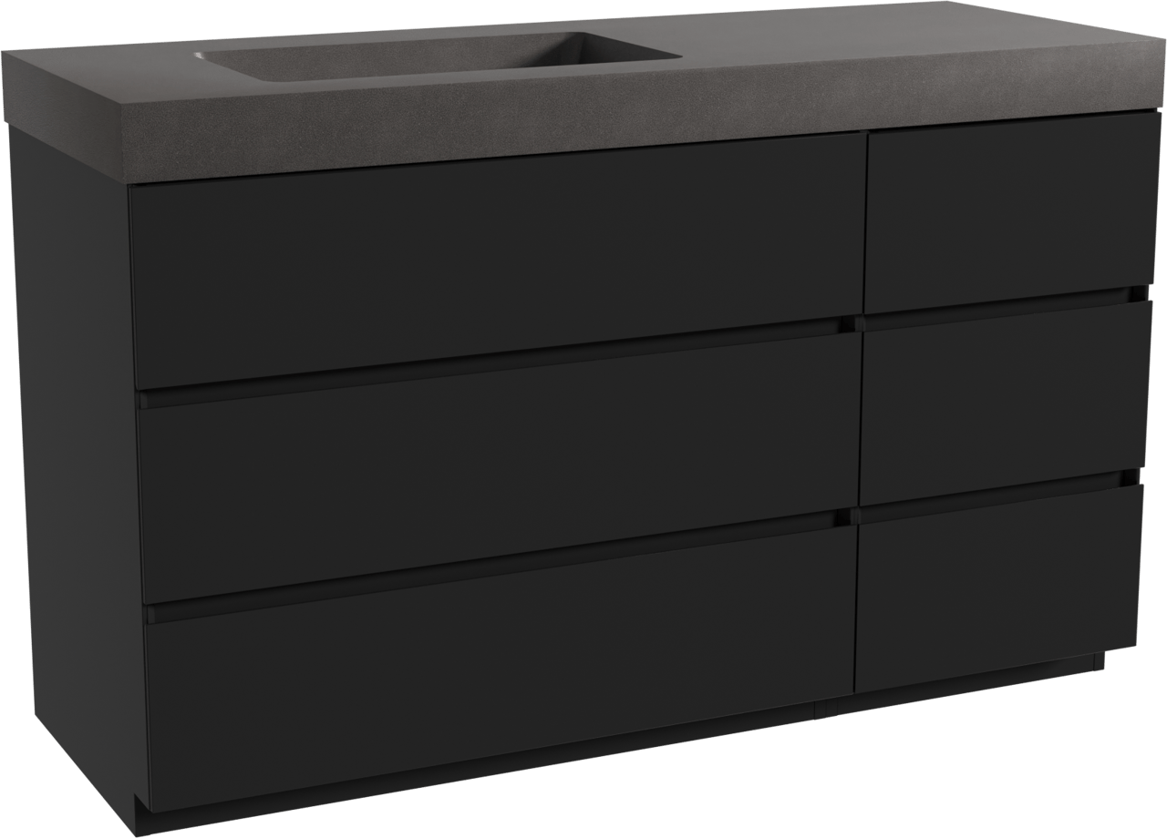 Storke Edge staand badkamermeubel 140 x 52 cm mat zwart met Scuro High asymmetrisch linkse wastafel in kwarts mat zwart