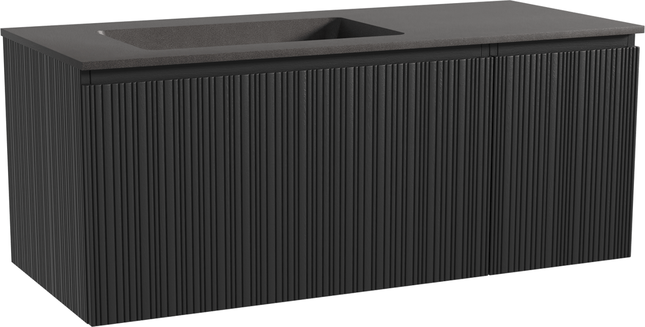 Storke Ribs zwevend badmeubel 120 x 52 cm zwart eiken met Scuro asymmetrisch linkse wastafel in kwarts mat zwart, Verticale asymmetrische rechte ribbel