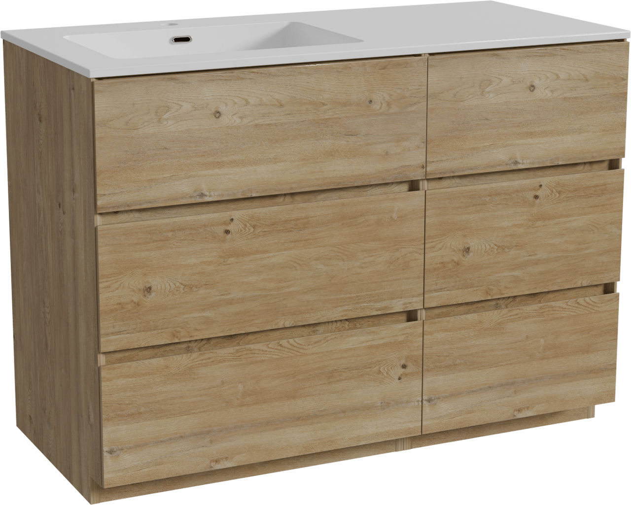 Storke Edge staand badkamermeubel 110 x 52 cm ruwe eik met Diva asymmetrisch linkse wastafel in composietmarmer glanzend wit