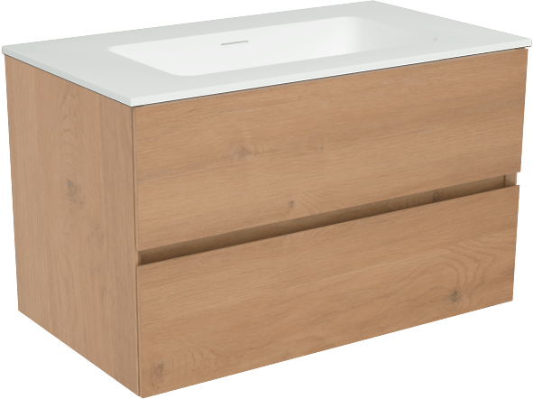 Storke Edge zwevend badkamermeubel 80 x 46 cm ruwe eik met Mata enkele wastafel in solid surface mat wit