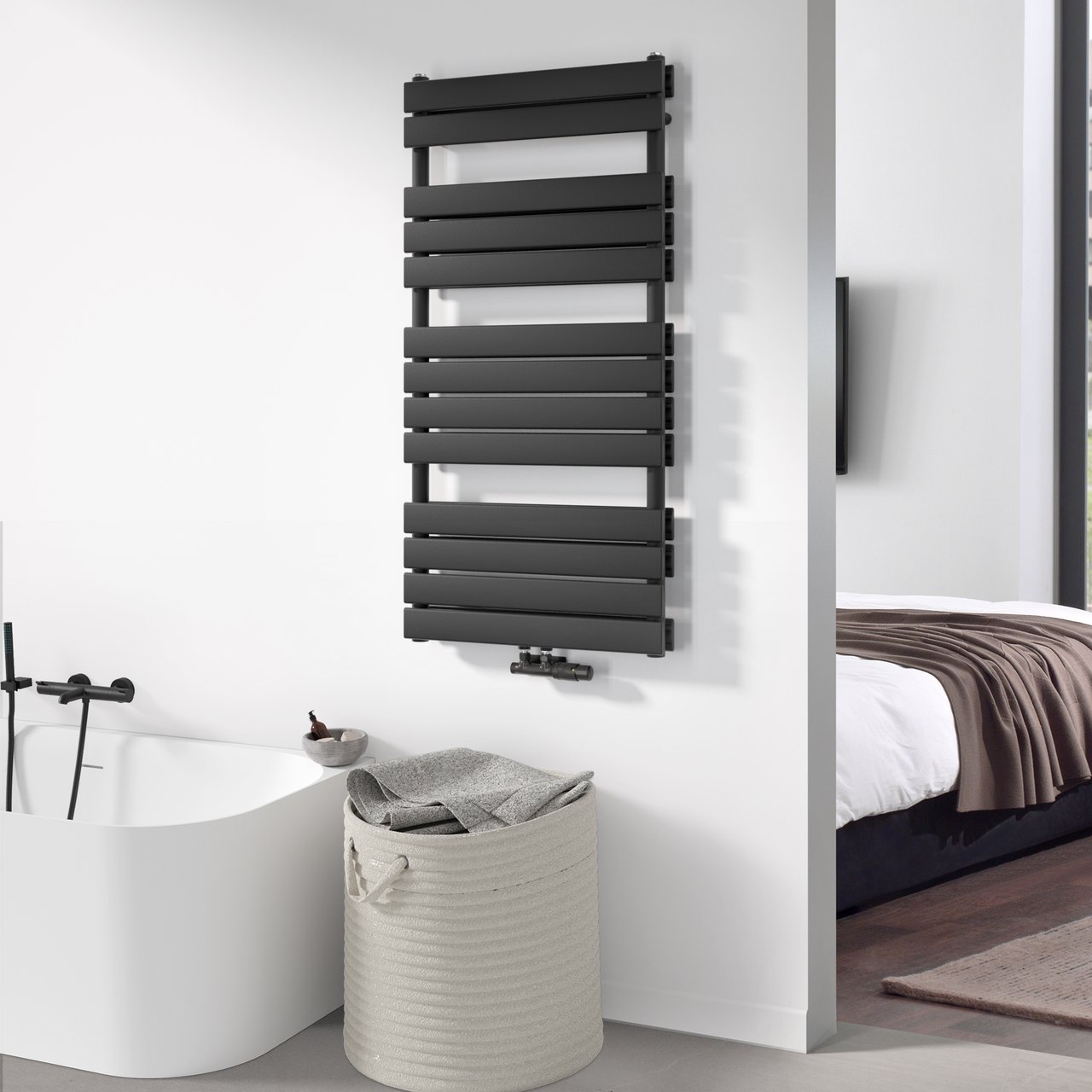 Vipera Vulcan dubbele handdoekradiator 60 x 123 cm centrale verwarming mat zwart zij- en middenaansluiting 1.317W