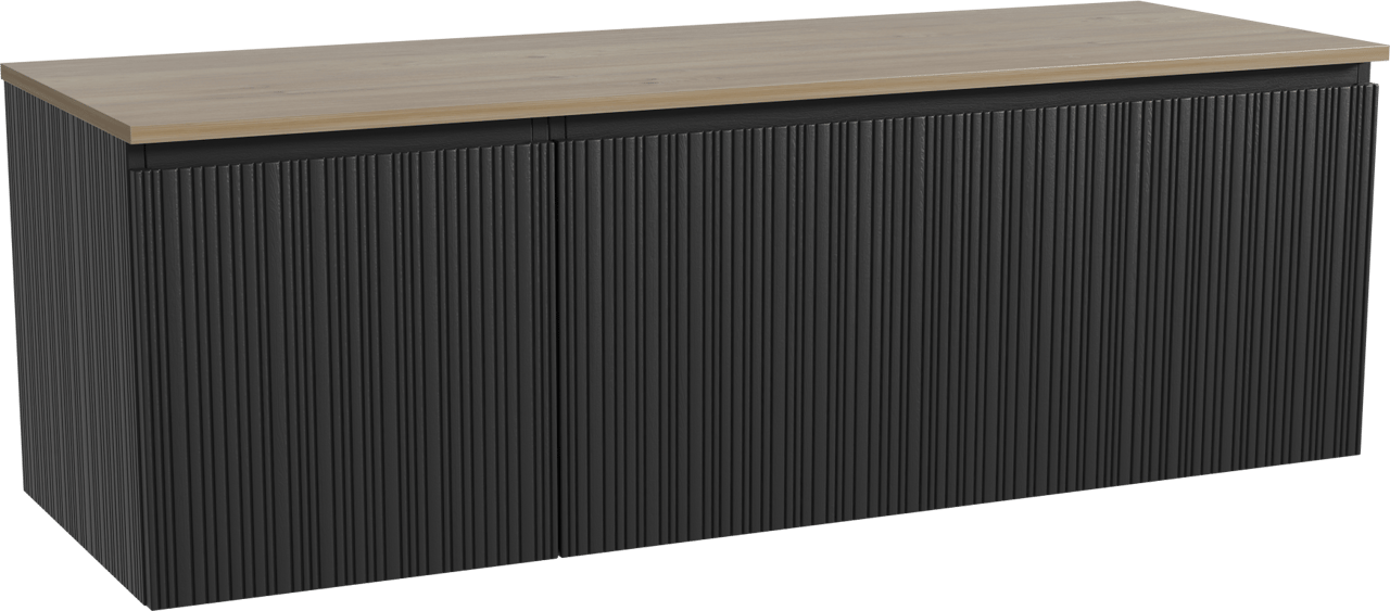 Storke Ribs zwevend badmeubel 150 x 52 cm zwart eiken met Panton enkel of dubbel wastafelblad in melamine ruw eiken, Verticale asymmetrische rechte ribbel