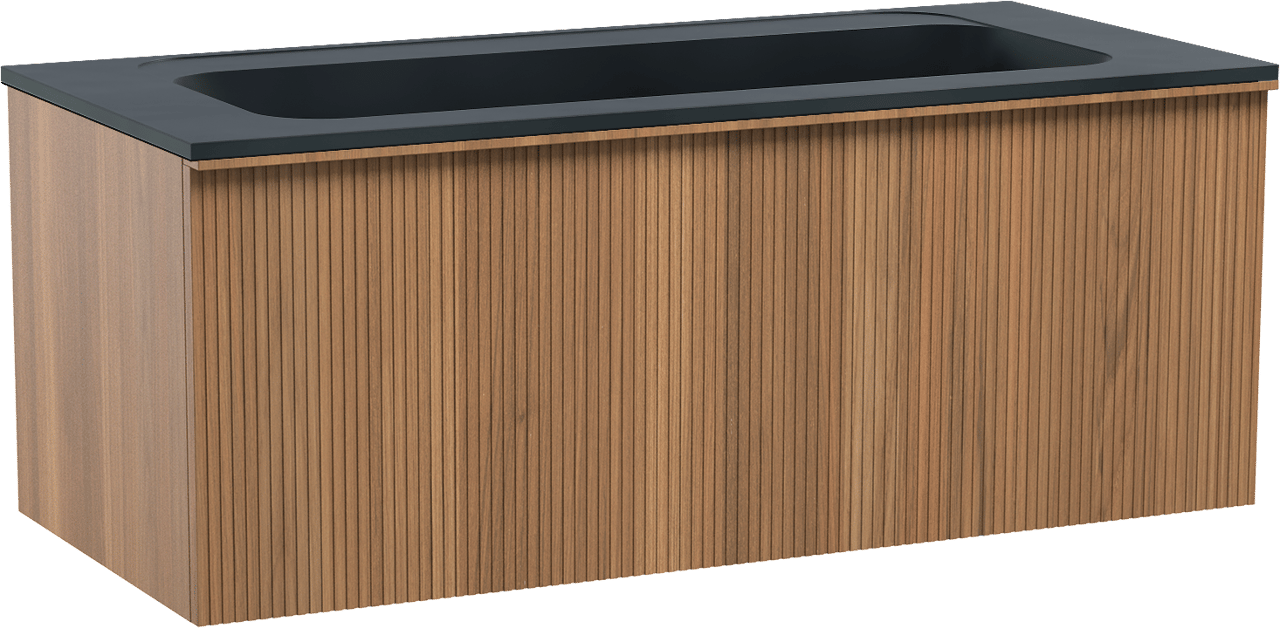 Balmani Forma hängendes Möbelstück Set: 120 x 55 cm, Teak, mit Tablo Strada Einzelwaschtisch für 2 Armaturenlöcher, Marmorkomposit, Schwarz matt, Vertikale symmetrische gerade Rippe