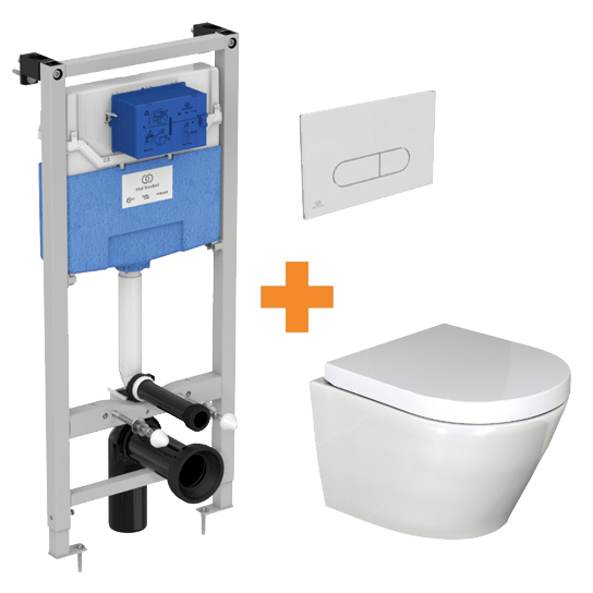 Luca Varess Calibro WC suspendu blanc brillant sans bride compact avec bâti-support et Ideal Standard Oleas M1 blanc brillant plaque de commande gratuit
