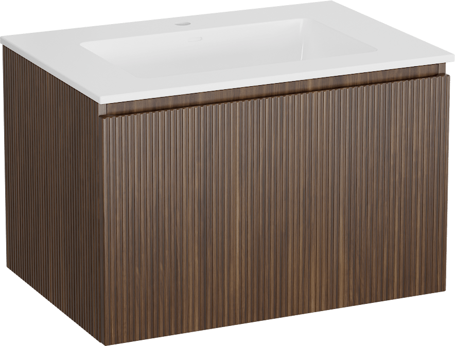 Storke Ribs meuble salle de bains suspendu 75 x 52 cm noyer avec Bilia plan simple en marbre composite blanc brillant, Nervure droite symétrique verticale
