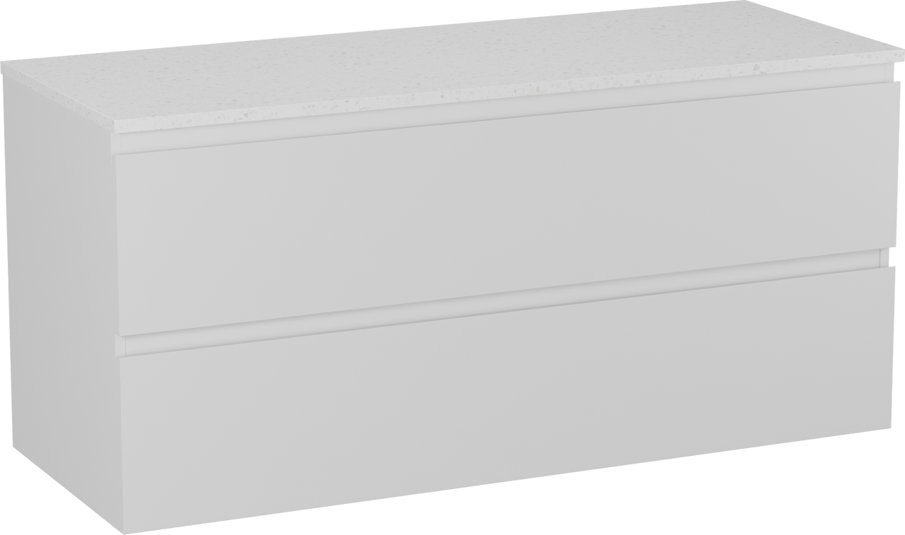 Linie Lado zwevend badmeubel 120 x 46 cm mat wit met Lado enkel of dubbel wastafelblad in melamine terrazzo wit