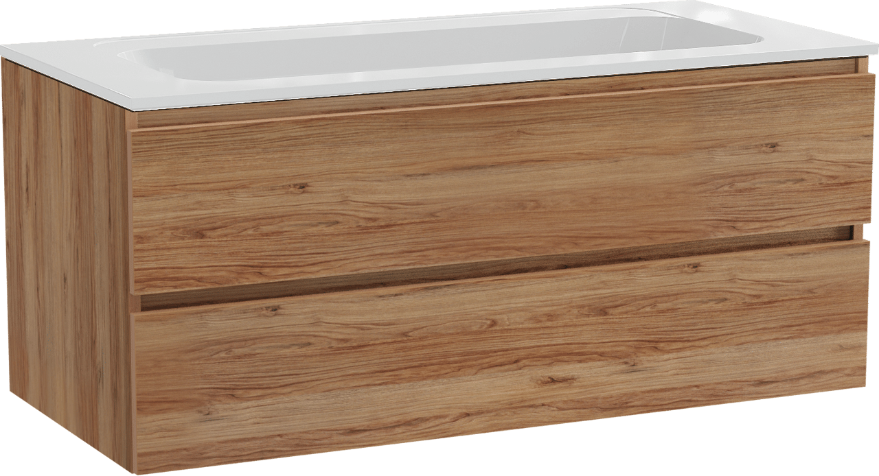 Balmani Lucida hängendes Möbelstück Set: 120 x 55 cm, Teak, mit Tablo Strada Einzelwaschtisch, Marmorkomposit Weiß glänzend