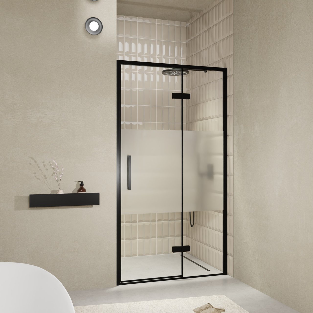Balmani Senses Design porte pivotante à droite 120 cm x 210 cm verre transparent avec bande matte, Profil noir, coating inclus
