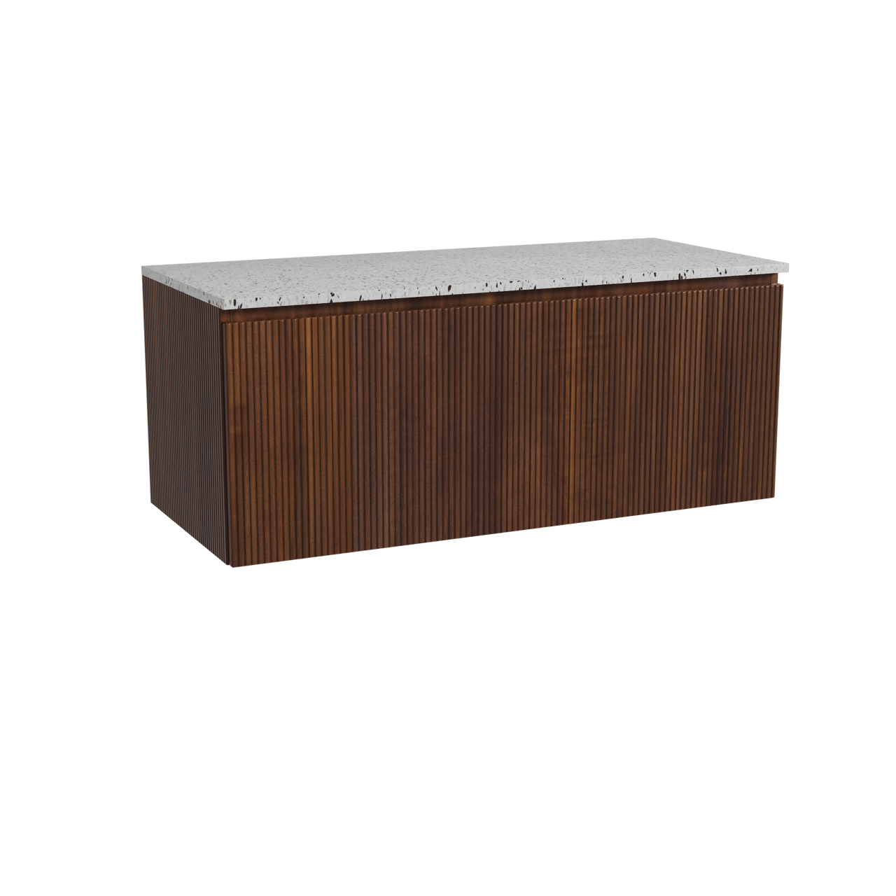 Storke Ribs zwevend badmeubel 120 x 52 cm notenhout met Tavola enkel of dubbel wastafelblad in mat wit/zwart terrazzo, Verticale symmetrische rechte ribbel