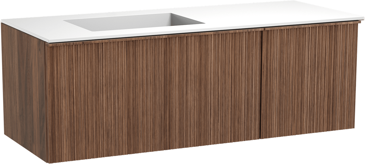 Balmani Forma hängendes Möbelstück Set: 135 x 55 cm, Amerikanischer Nussbaum, mit Tablo Stretto Waschtisch links, Solid Surface, Weiß matt, Vertikale asymmetrische Runde Rippe