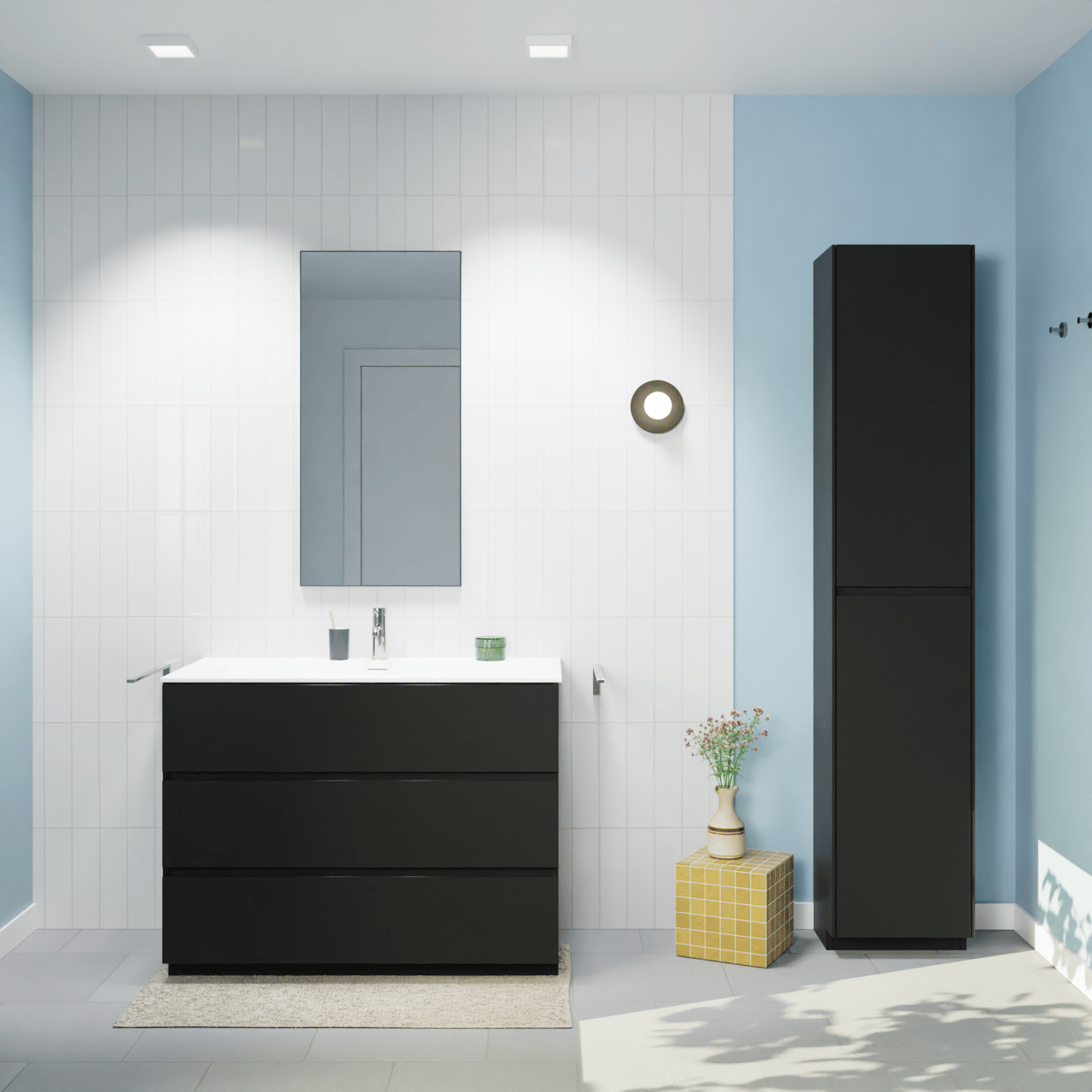 Storke Edge staand badkamermeubel 105 x 52 cm mat zwart met Mata enkele wastafel voor 2 kraangaten in solid surface mat wit