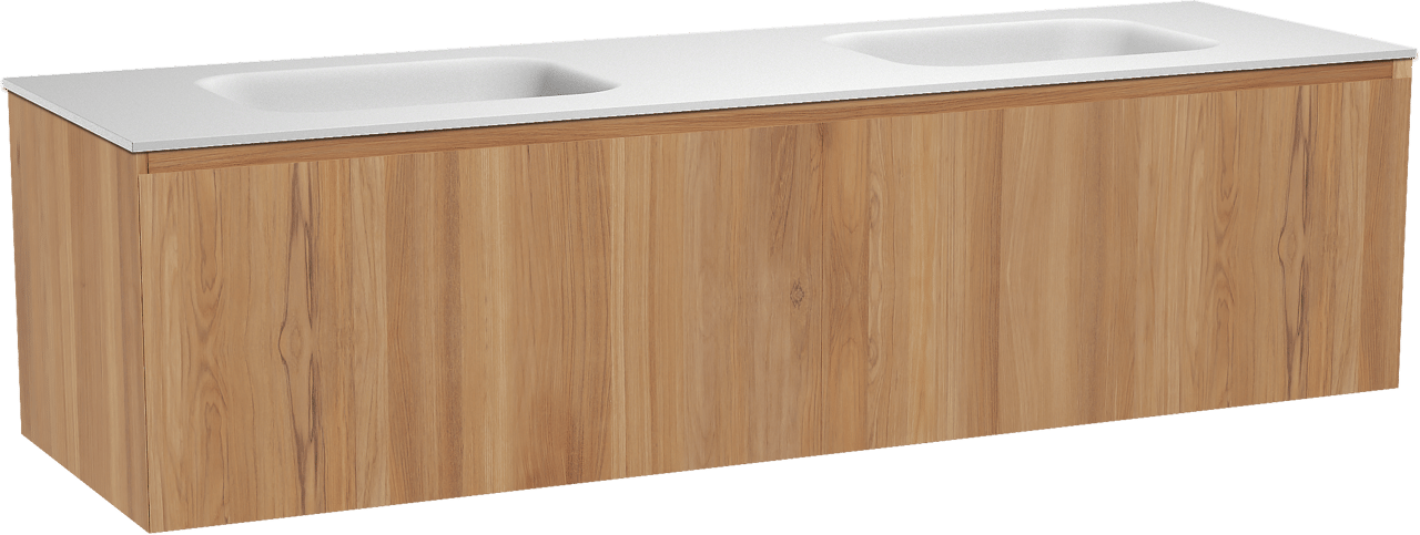 Balmani Idra by Mitra zwevend badkamermeubel 180 x 55 cm teak met Tablo Arcato dubbele wastafel in solid surface mat wit