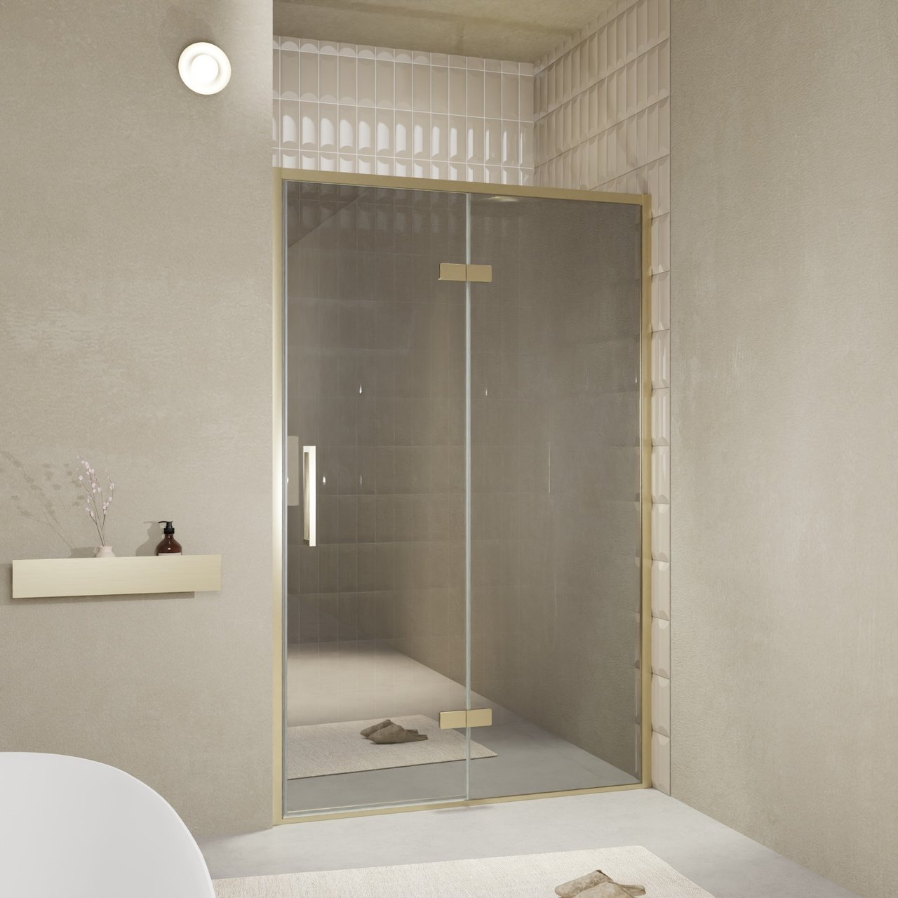 Balmani Senses Design porte pivotante à droite 140 cm x 210 cm verre Miroir Reflex, Profil Brushed Champagne Gold, coating inclus