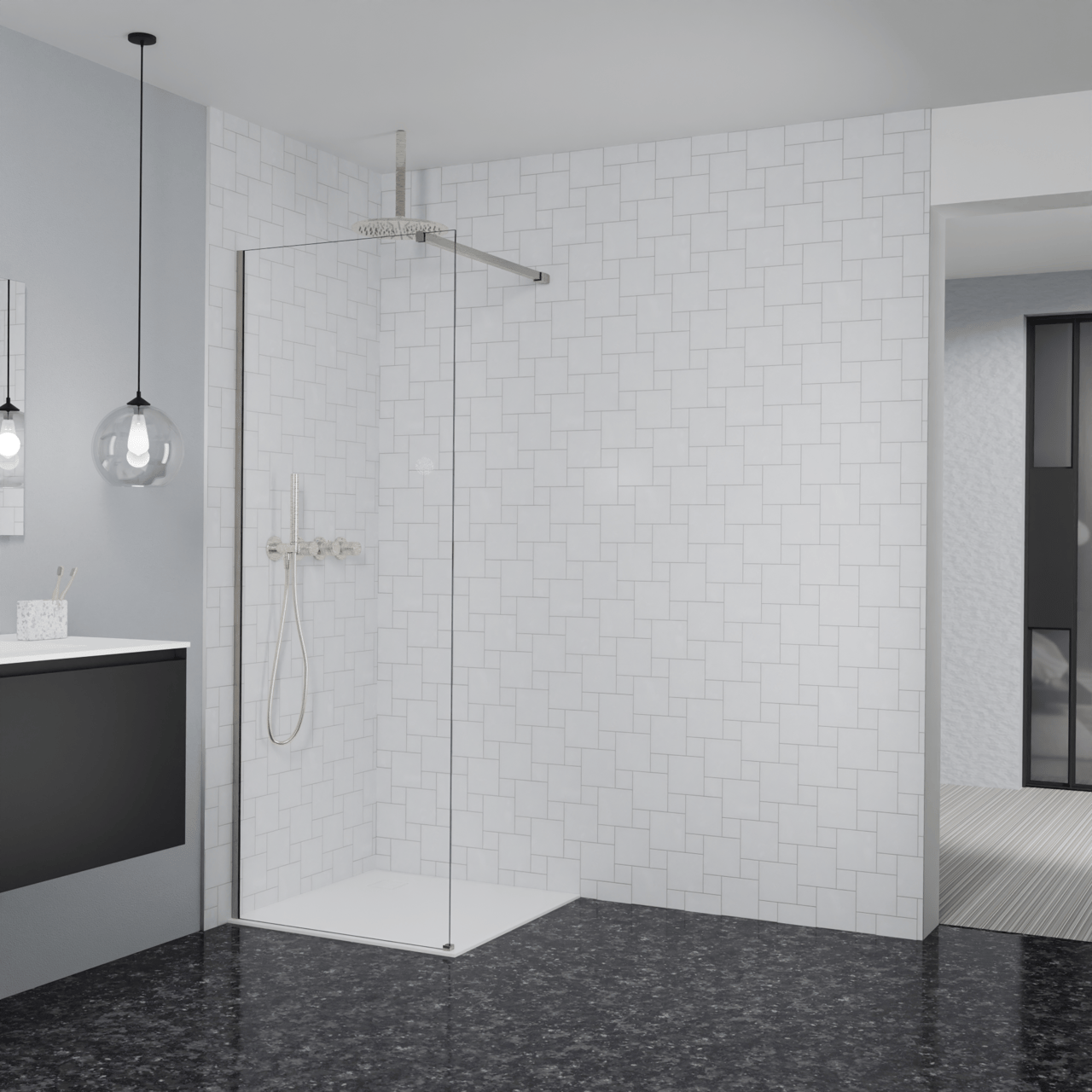 Balmani Modular douche à l'italienne: 80 x 200 cm, Verre extra transparent, avec coating, Profil Brushed CoolMetal