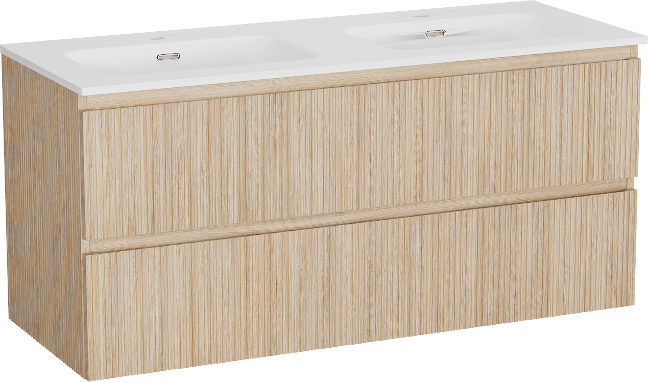 Linie Lado Ribs meuble salle de bains suspendu 120 x 46 cm chêne naturel avec Baro double vasque en porcelaine blanc mat, Nervure droite symétrique verticale