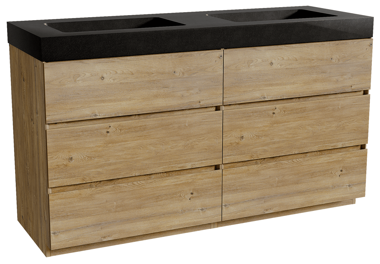 Storke Edge staand badkamermeubel 150 x 52 cm ruwe eik met Scuro High dubbele wastafel in kwarts mat zwart