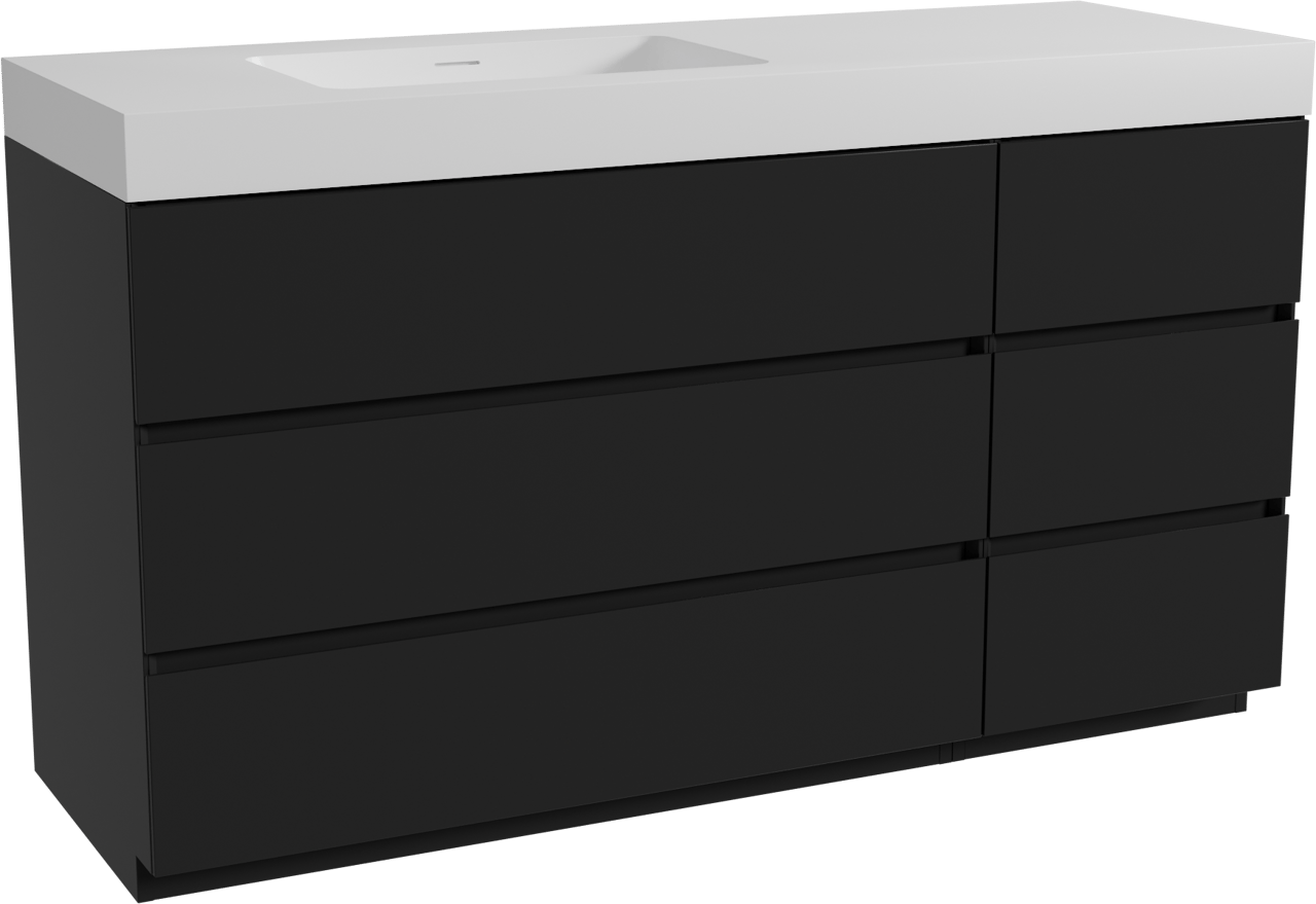 Storke Edge freistehendes Möbelstück Set: 150 x 52 cm, Schwarz matt, mit Mata High Waschtisch links, Solid Surface Weiß matt