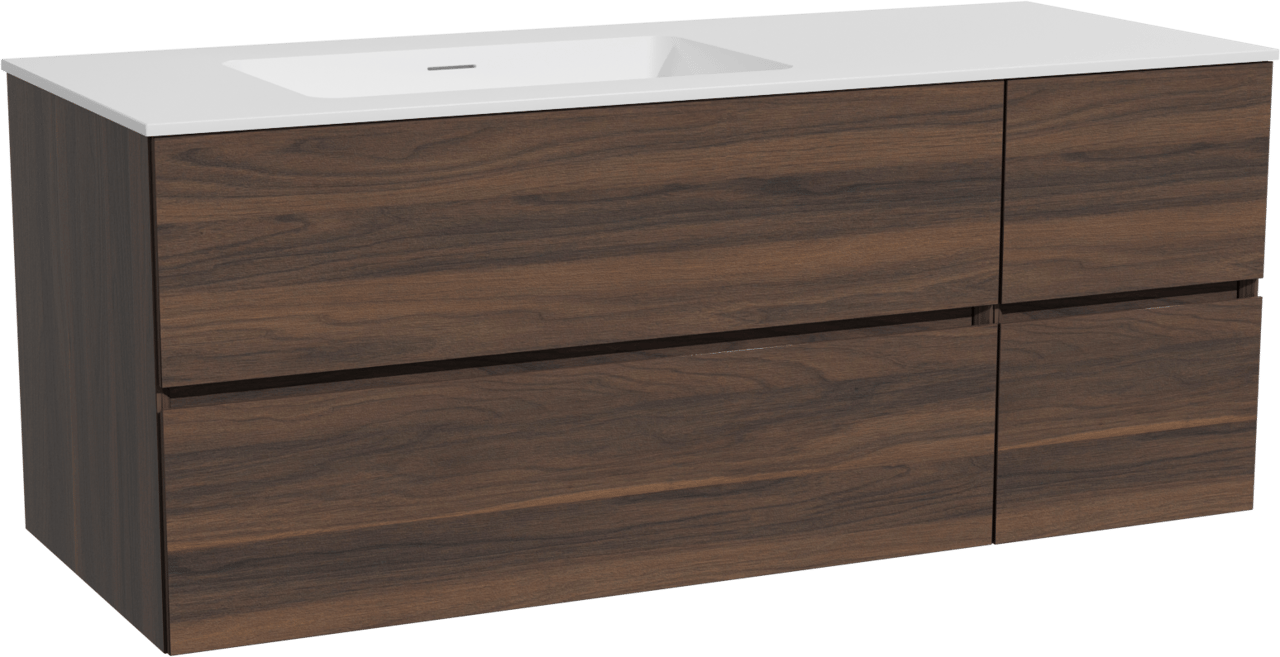 Storke Edge hängendes Möbelstück Set: 130 x 52 cm, Nussbaum, mit Mata Waschtisch links, Solid Surface Weiß matt