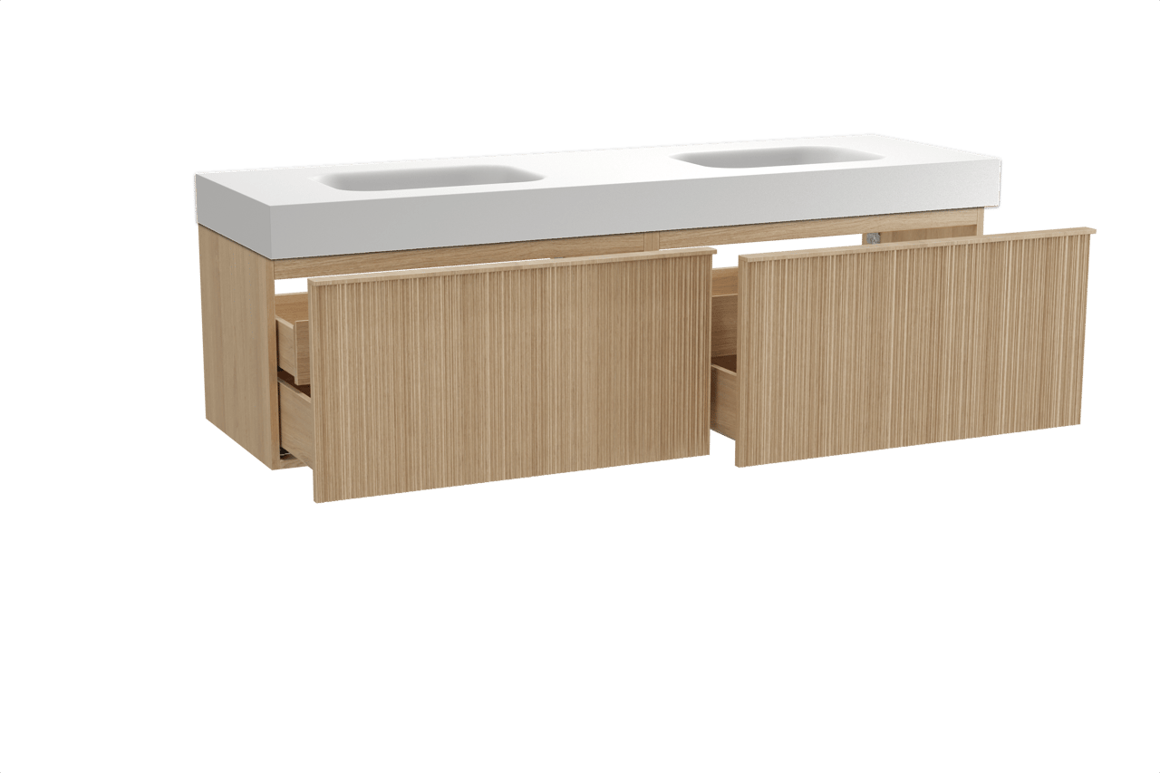 Balmani Forma zwevend badkamermeubel 180 x 55 cm natuur eik met Arcato dubbele wastafel in solid surface mat wit, Verticale asymmetrische ronde ribbel