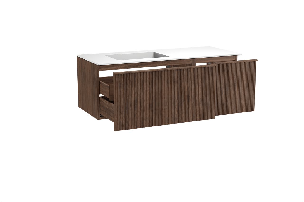 Balmani Forma hängendes Möbelstück Set: 135 x 55 cm, Amerikanischer Nussbaum, mit Tablo Stretto Waschtisch links, Solid Surface, Weiß matt, Vertikale symmetrische gerade Rippe