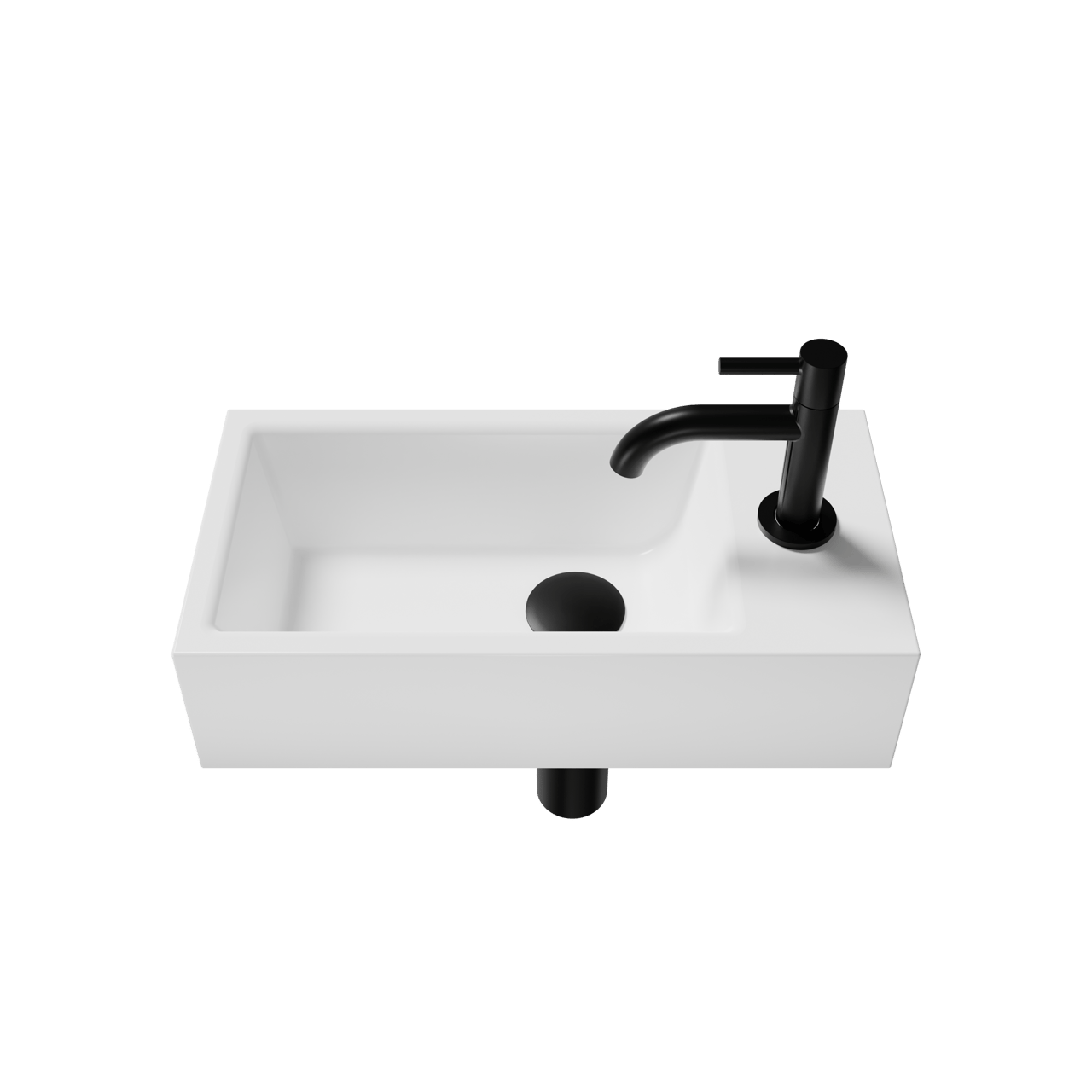 Luca Varess Cubic Handwaschbecken Set, Keramik weiß glänzend, 40,5 x 20 cm, Rechts, inklusive Schwarz Wasserhahn und Zubehör