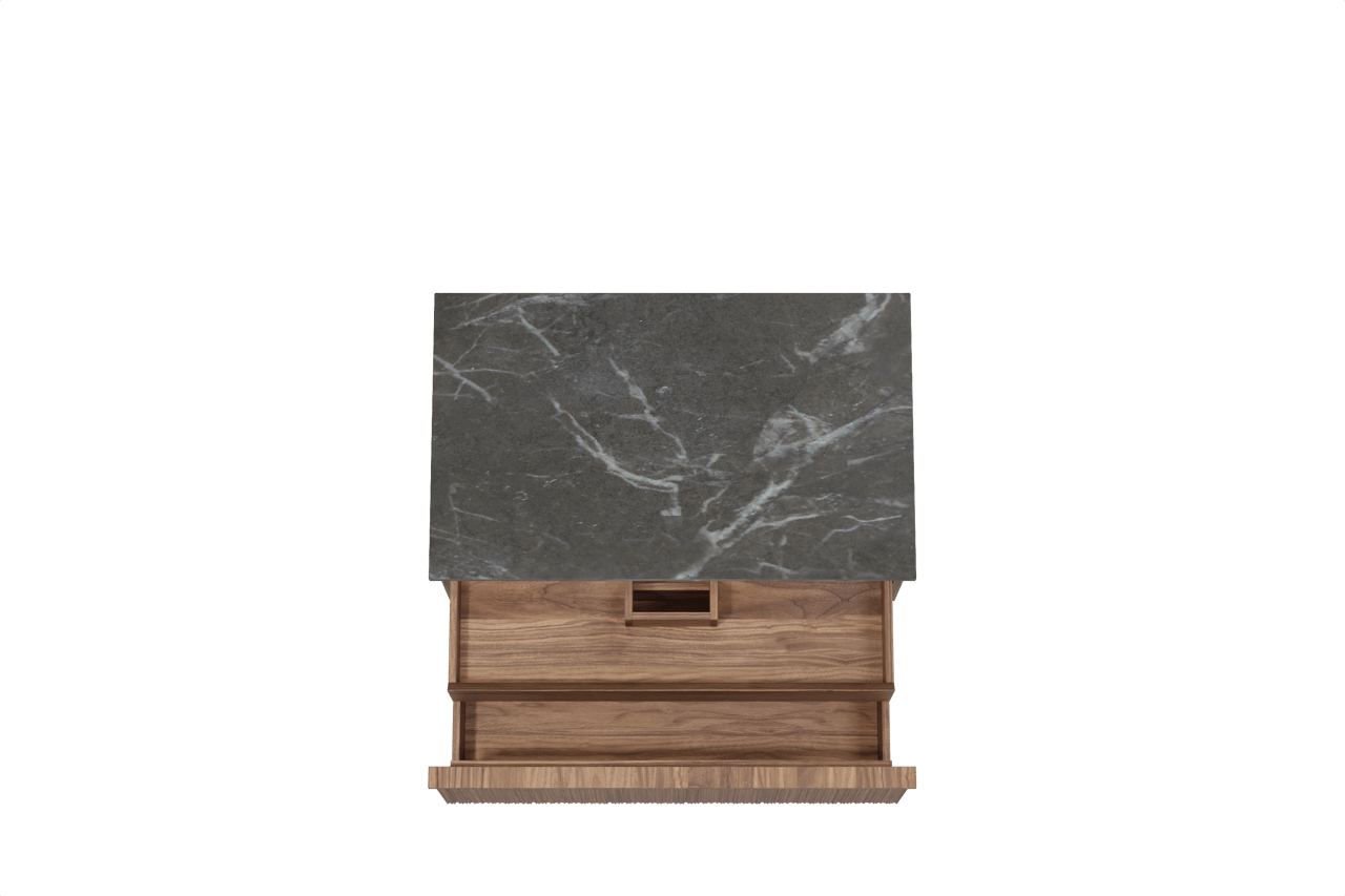Balmani Forma meuble salle de bains suspendu 90 x 55 cm noyer américain avec Stretto tablette simple en marbre pietra grey, Nervure circulaire asymétrique verticale
