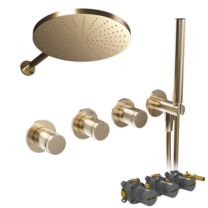 Blaufoss Pavilion Duschsystem: Unterputz, inkl. Thermostat-Duscharmatur, inkl. Duschkopf, 30 cm, Brushed Champagne Gold