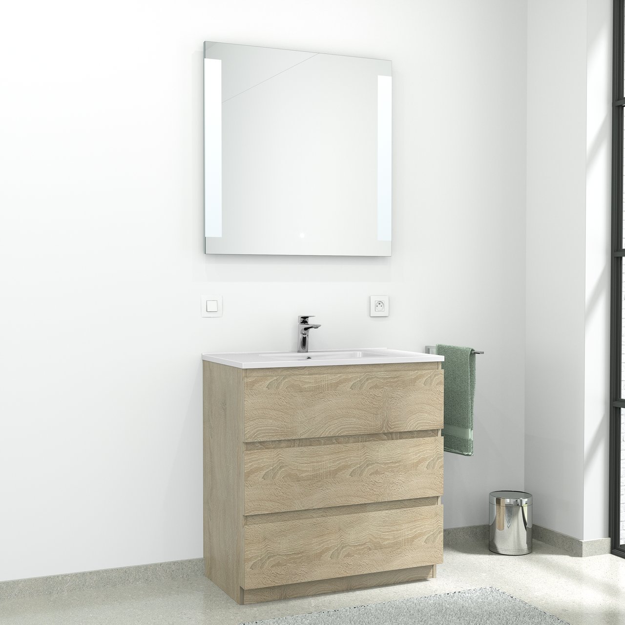 Linie Lunar rechthoekig badkamerspiegel 80 x 80 cm met spiegelverlichting