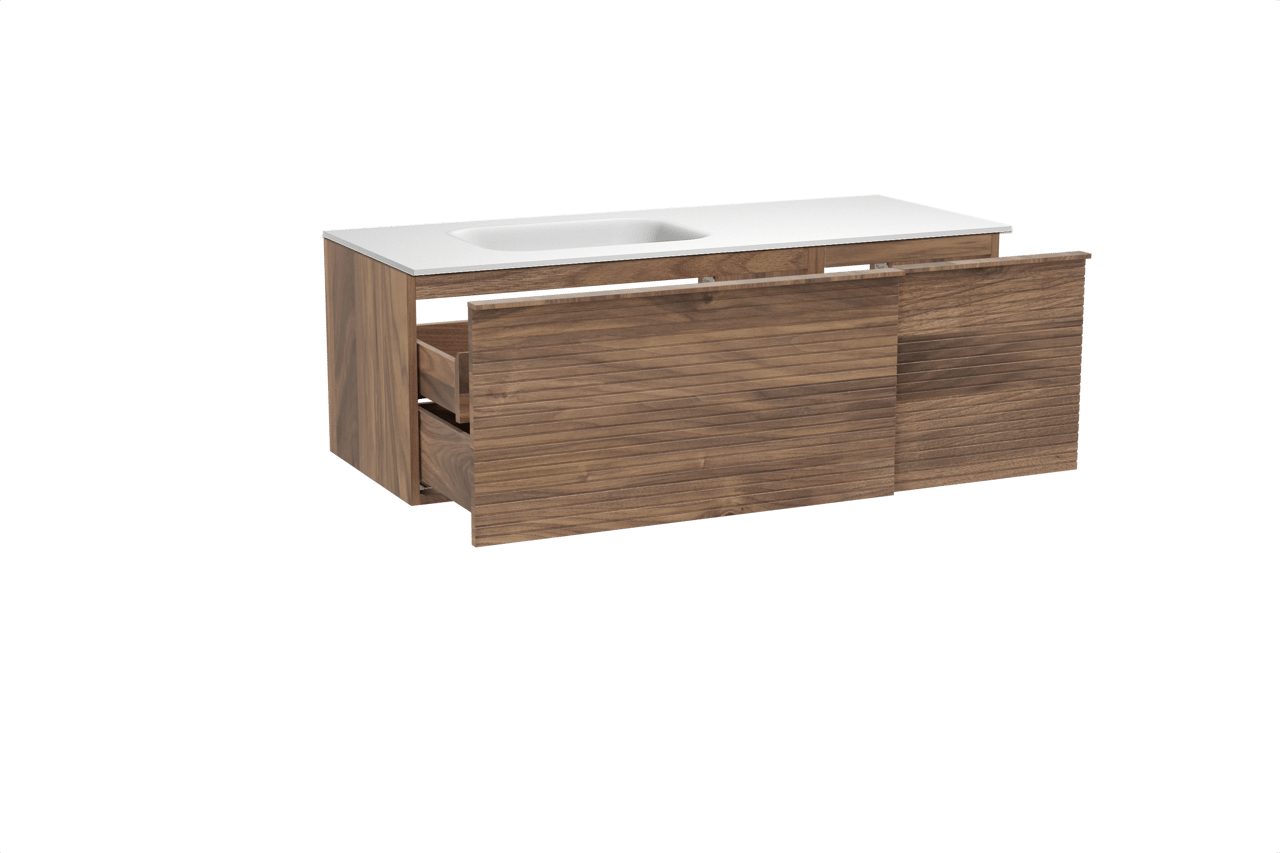 Balmani Forma hängendes Möbelstück Set: 135 x 55 cm, Amerikanischer Nussbaum, mit Tablo Arcato Waschtisch links, Solid Surface, Weiß matt, Horizontale symmetrische gerade Rippe
