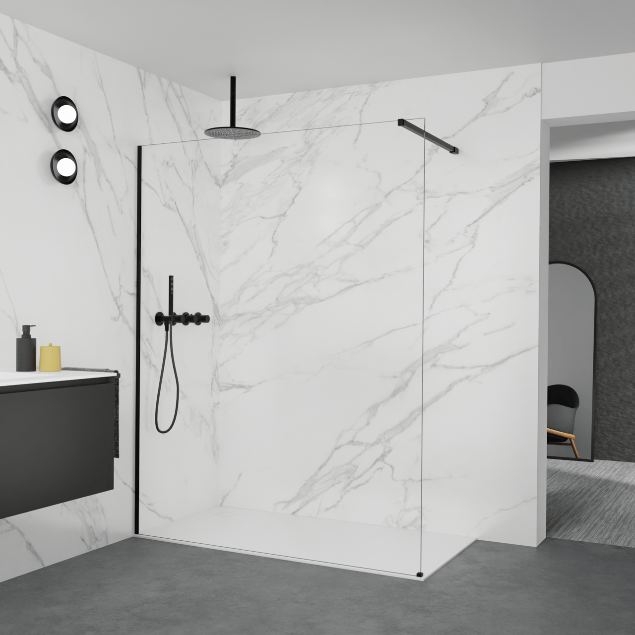 Balmani Modular inloopdouche: 160 x 200 cm, Helder glas met coating, Mat zwarte profielen