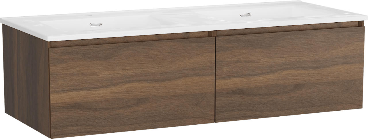 Storke Edge zwevend badkamermeubel 130 x 52 cm notelaar met Kera dubbele wastafel in porselein hoogglans wit, afvoerpluggen inbegrepen