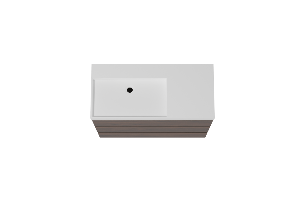 Storke Edge staand badkamermeubel 100 x 46 cm notelaar met Jura asymmetrisch linkse wastafel in solid surface mat wit