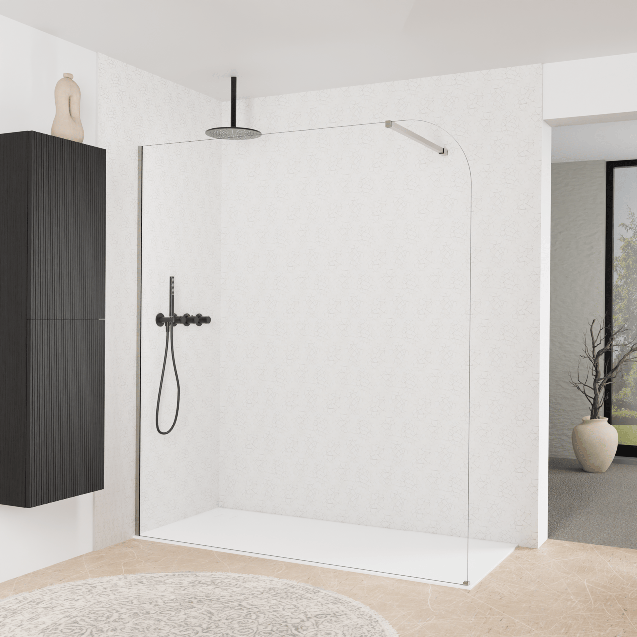 Balmani Modular Walk-In Dusche: 180 x 200 cm, Klarglas abgerundet, inklusive Coating, Profil Brushed Inox