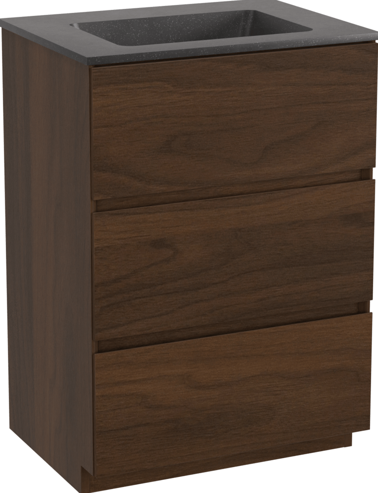 Storke Edge freistehendes Möbelstück Set: 60 x 46 cm, Nussbaum, mit Scuro Einzelwaschtisch, Quarz Schwarz matt