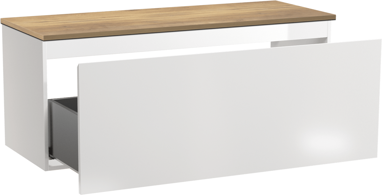 Linie Lado zwevend badkamermeubel 120 x 46 cm glanzend wit met Lado enkel of dubbel tablet in melamine natuur eik