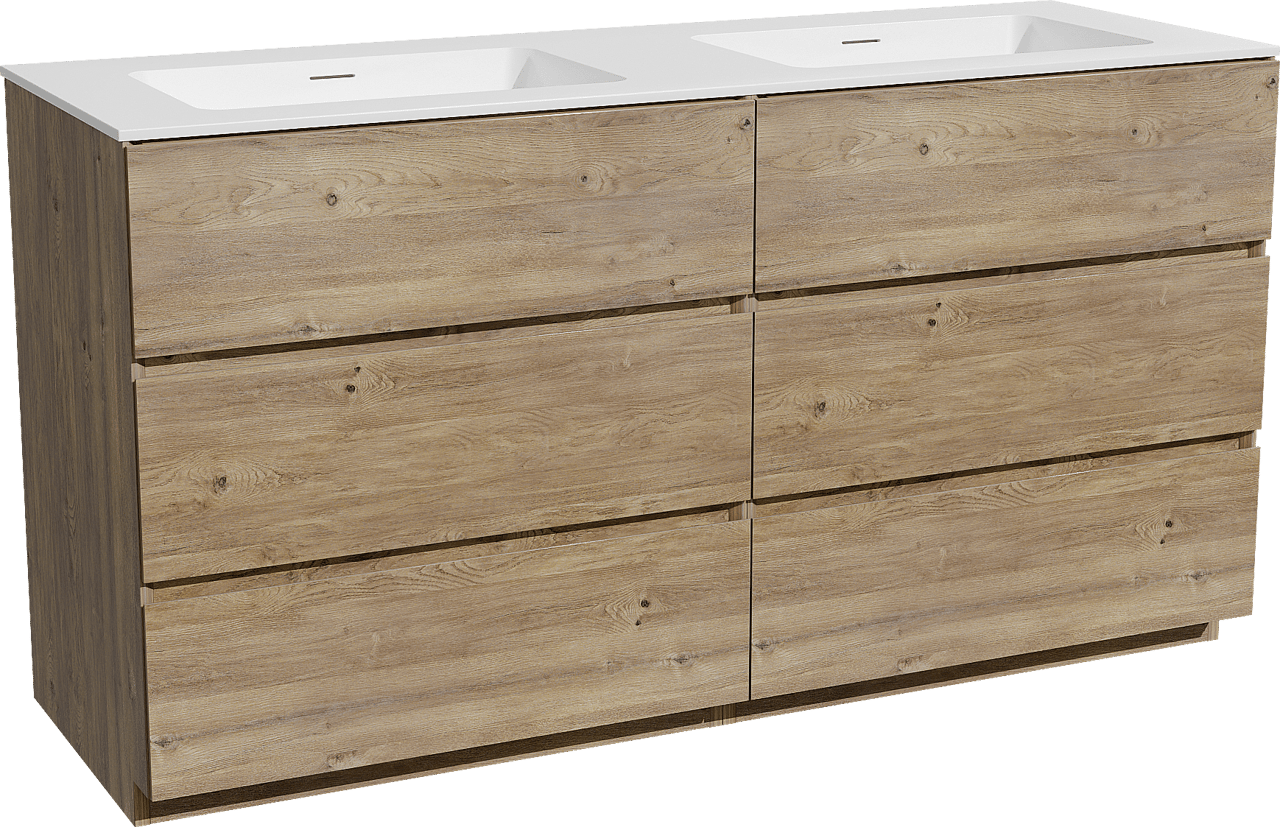 Storke Edge staand badkamermeubel 150 x 52 cm ruwe eik met Mata dubbele wastafel in solid surface mat wit