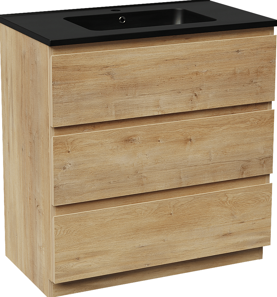 Linie Lado freistehendes Möbelstück Set: 80 x 46 cm, Naturbelassene Eiche, mit Vano Einzelwaschtisch, Marmorkomposit Schwarz matt