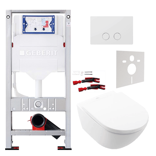 WC Set: Villeroy & Boch Subway 3.0 Hänge WC, Weiß glänzend, spülrandlos, TwistFlush, Burda Element für Wand-WC mit Geberit Sigma UP320 Spülkasten und Luca Varess Betätigungsplatte