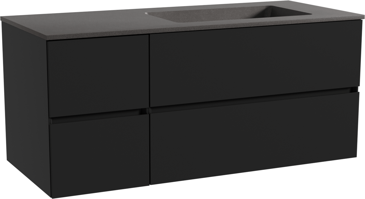 Storke Edge zwevend badmeubel 120 x 52 cm mat zwart met Scuro asymmetrisch rechtse wastafel in kwarts mat zwart