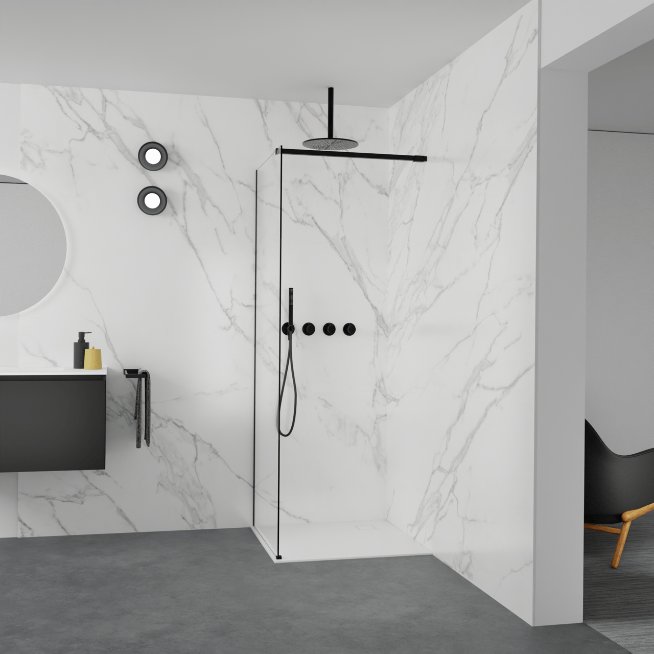 Balmani Modular douche à l'italienne: 80 x 200 cm, Verre transparent, Profil Noir mat