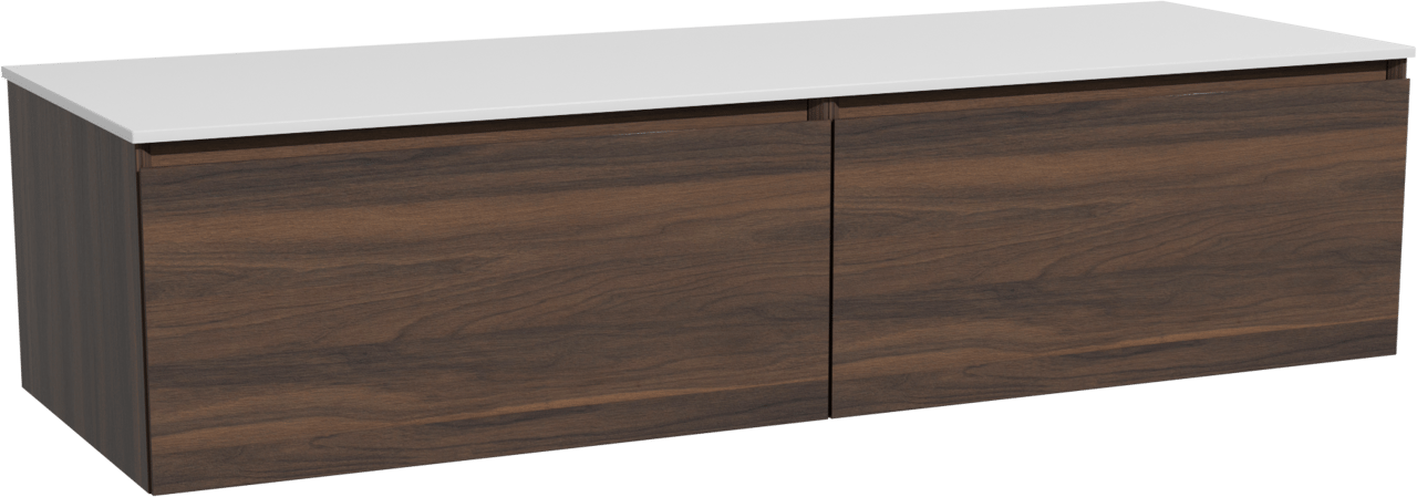 Storke Edge zwevend badmeubel 150 x 52 cm notenhout met Tavola enkel of dubbel wastafelblad in solid surface mat wit