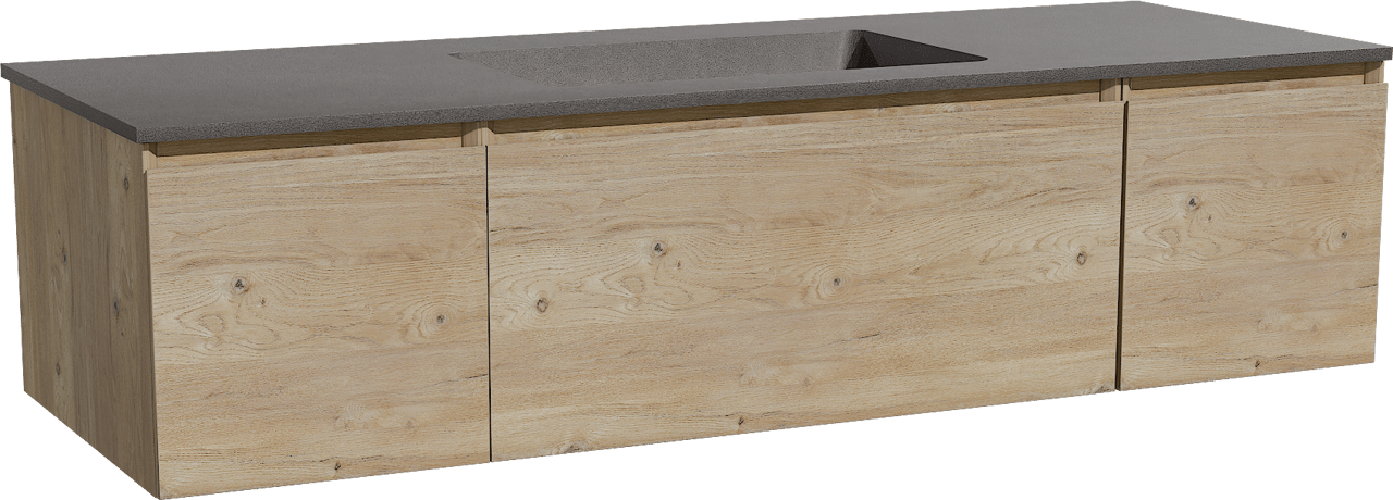 Storke Edge zwevend badmeubel 145 x 52 cm ruw eiken met Scuro enkele wastafel in kwarts mat zwart