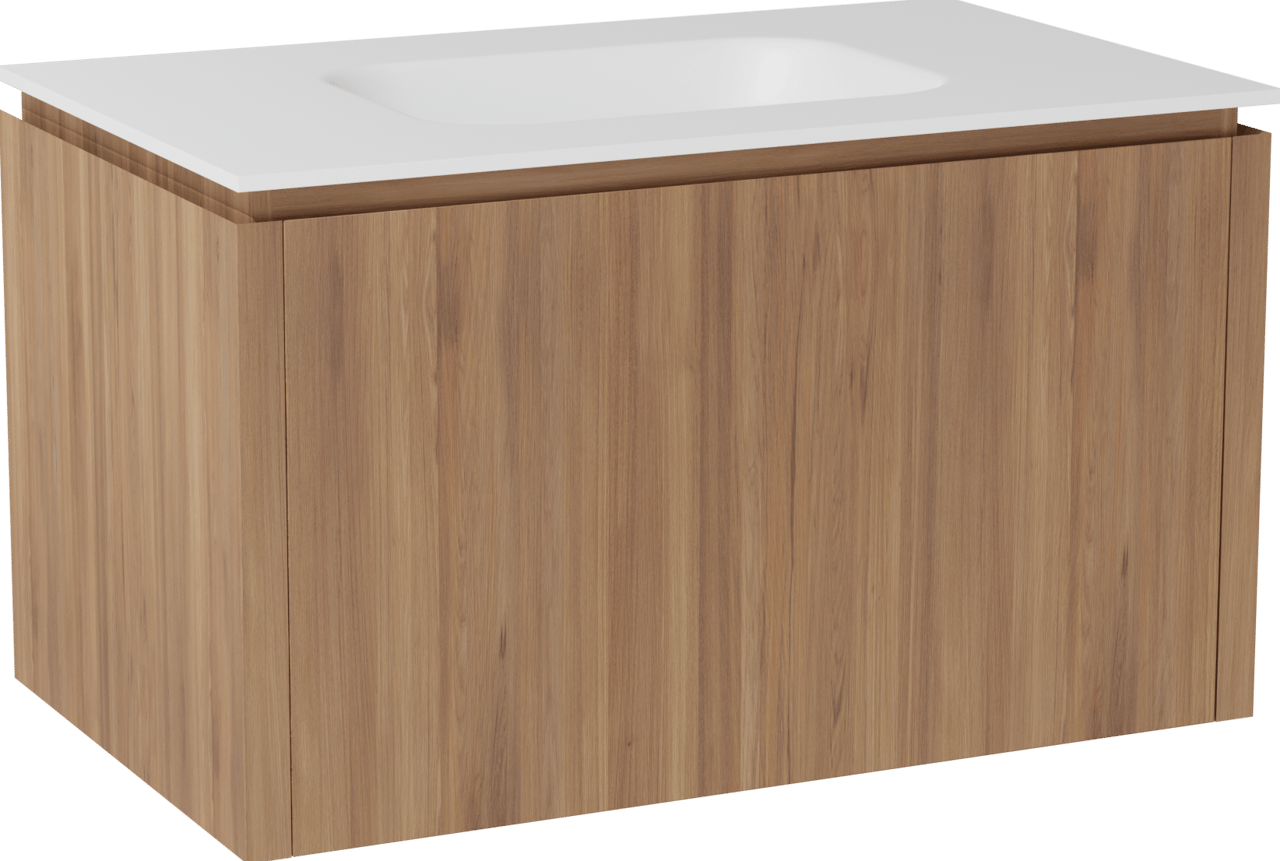 Balmani Eclips zwevend badkamermeubel 90 x 55 cm Teak met Tablo Arcato enkele wastafel in Solid Surface mat wit