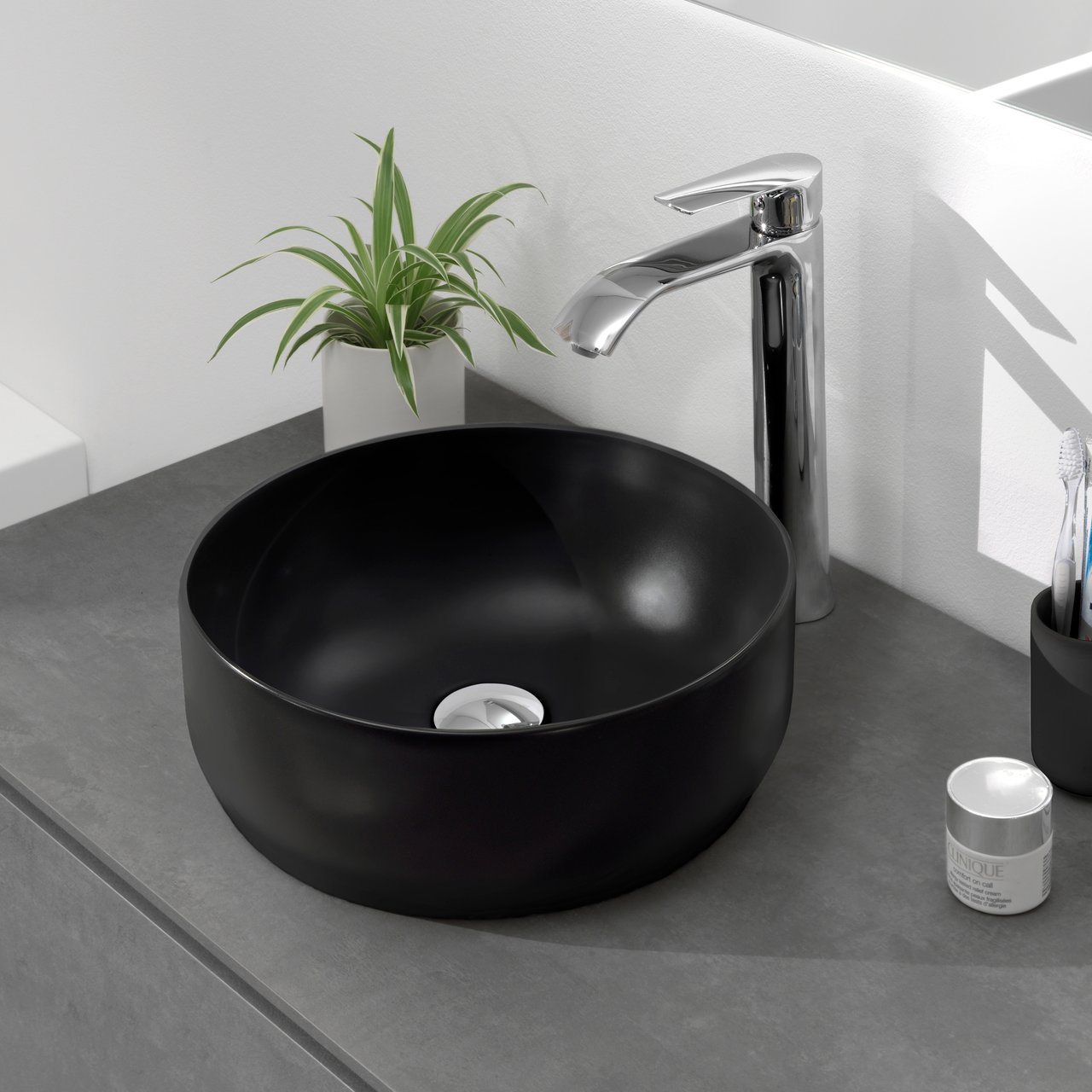 Luca Varess Perla Aufsatzwaschbecken: Schwarz Matte Keramik, rund, Ø 34 cm